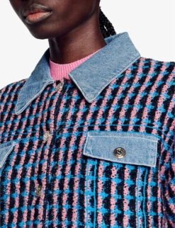 Sandro Gigina Checked Denim-trimmed Stretch-tweed Jacket -Whistlkes Style R04102333 NOIRGRIS ALT04