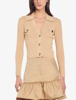 Sandro Hind Open-collar Ribbed-knit Cardigan -Whistlkes Style R04102387 BRUNS ALT02