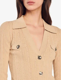 Sandro Hind Open-collar Ribbed-knit Cardigan -Whistlkes Style R04102387 BRUNS ALT04