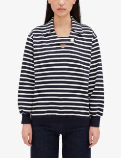 CLAUDIE PIERLOT Striped Knitted Cotton-blend Polo Shirt -Whistlkes Style R04103283 DIVERS ALT02