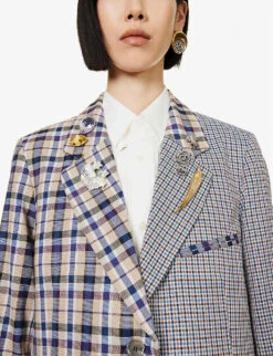 Brooch-embellished Contrast-panel Woven Blazer -Whistlkes Style R04109260 PURPLE ALT04