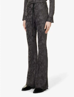 Floral-print Drawstring-waist Flared-leg Mid-rise Woven Trousers -Whistlkes Style R04109272 CHARCOAL ALT02
