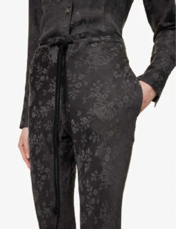 Floral-print Drawstring-waist Flared-leg Mid-rise Woven Trousers -Whistlkes Style R04109272 CHARCOAL ALT04