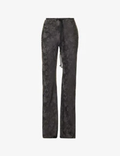Floral-print Drawstring-waist Flared-leg Mid-rise Woven Trousers
