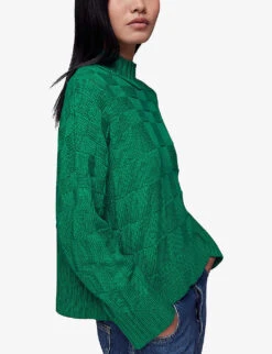 Whistles Checked Funnel-neck Cotton-knit Jumper -Whistlkes Style R04110298 GREEN ALT02