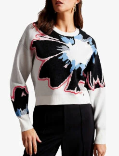 Ted Baker Avrella Jacquard Floral-embroidery Woven Jumper -Whistlkes Style R04128542 WHITE ALT02