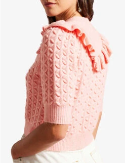Ted Baker Haniha Frilled Stretch-knit Cardigan -Whistlkes Style R04128543 PINK ALT02