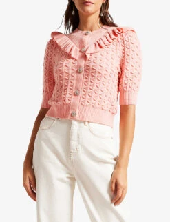 Ted Baker Haniha Frilled Stretch-knit Cardigan -Whistlkes Style R04128543 PINK ALT03