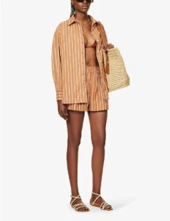 Faithfull The Brand Daija Striped Split-sides Cotton Shirt -Whistlkes Style R04135574 ADIASTRIPEPRTHAZELNUT ALT01