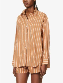 Faithfull The Brand Daija Striped Split-sides Cotton Shirt -Whistlkes Style R04135574 ADIASTRIPEPRTHAZELNUT ALT02
