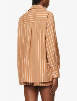 Faithfull The Brand Daija Striped Split-sides Cotton Shirt -Whistlkes Style R04135574 ADIASTRIPEPRTHAZELNUT ALT03