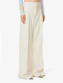 Jean Paul Gaultier Flower Striped-pattern Wide-leg Mid-rise Wool-blend Trousers -Whistlkes Style R04137678 ECRUBRIQUE ALT02