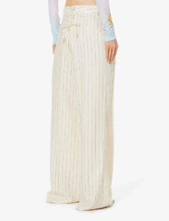 Jean Paul Gaultier Flower Striped-pattern Wide-leg Mid-rise Wool-blend Trousers -Whistlkes Style R04137678 ECRUBRIQUE ALT03