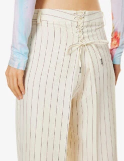 Jean Paul Gaultier Flower Striped-pattern Wide-leg Mid-rise Wool-blend Trousers -Whistlkes Style R04137678 ECRUBRIQUE ALT04