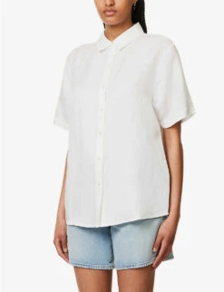 ANINE BING Bruni Curved-hem Linen-blend Shirt -Whistlkes Style R04146341 WHITE ALT02