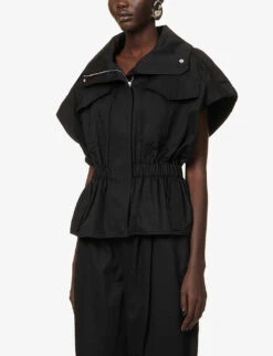 Elasticated-waist Sleeveless Cotton Jacket -Whistlkes Style R04146746 BLACK ALT02