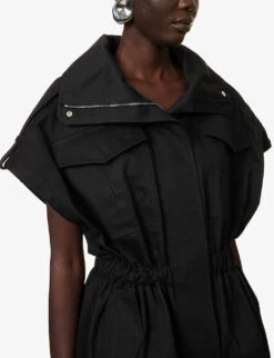 Elasticated-waist Sleeveless Cotton Jacket -Whistlkes Style R04146746 BLACK ALT04