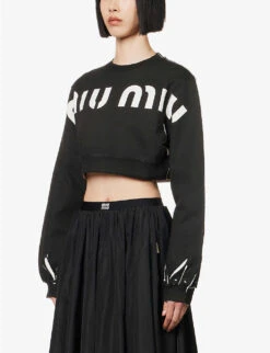 Miu Miu Logo-pattern Cropped Cotton-jersey Sweatshirt -Whistlkes Style R04149741 NERO ALT02