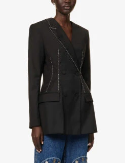 Contrast-stitch Double-breasted Wool And Silk-blend Blazer -Whistlkes Style R04151409 BLACK ALT02