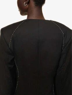 Contrast-stitch Double-breasted Wool And Silk-blend Blazer -Whistlkes Style R04151409 BLACK ALT06