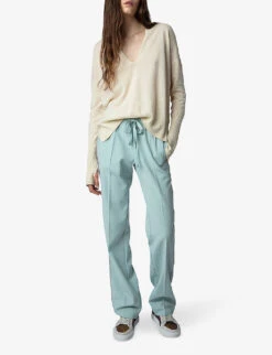 Zadig & Voltaire Danna Plunge-neckline Organic Linen And Cotton-blend Jumper -Whistlkes Style R04151982 ECRU ALT01