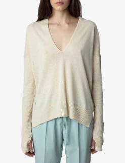 Zadig & Voltaire Danna Plunge-neckline Organic Linen And Cotton-blend Jumper -Whistlkes Style R04151982 ECRU ALT04