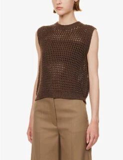 THEORY Textured Sleeveless Cotton Knitted Vest -Whistlkes Style R04152411 PECAN ALT02