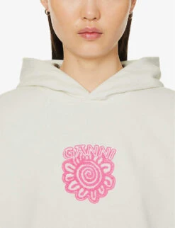 Ganni Logo Graphic-print Organic Cotton-jersey Hoody -Whistlkes Style R04152888 EGRET ALT04