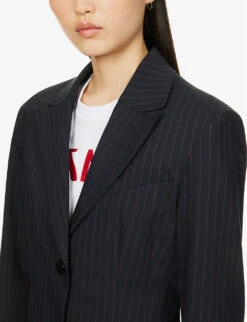 Ganni Pinstriped Single-breasted Recycled Polyester-blend Blazer -Whistlkes Style R04152910 SKYCAPTAIN ALT04