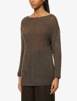 Boat-neck Semi-sheer Cotton Knitted Top -Whistlkes Style R04153676 DARKWOOD ALT02