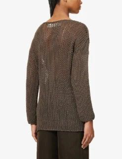 Boat-neck Semi-sheer Cotton Knitted Top -Whistlkes Style R04153676 DARKWOOD ALT03