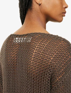 Boat-neck Semi-sheer Cotton Knitted Top -Whistlkes Style R04153676 DARKWOOD ALT04