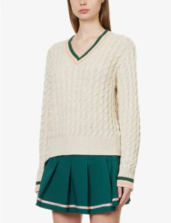 Maison Kitsuné X Olympia Le-Tan Crest Cable-knit Cotton-blend Jumper -Whistlkes Style R04153708 ECRU ALT02