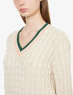 Maison Kitsuné X Olympia Le-Tan Crest Cable-knit Cotton-blend Jumper -Whistlkes Style R04153708 ECRU ALT04