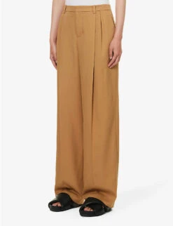 Vince Pleated Straight-leg High-rise Woven Trousers -Whistlkes Style R04154657 AMBERWAVE ALT02