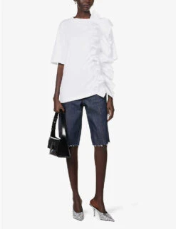 Crystal-embellished Straight-leg Mid-rise Stretch-organic Denim Shorts -Whistlkes Style R04154808 DENIM ALT01