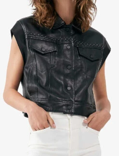 Ikks Sleeveless Leather Biker Jacket -Whistlkes Style R04156313 BLACK ALT02