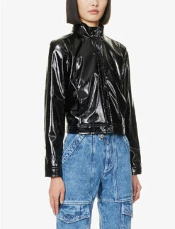 Ikks Straight-fit High-collar Vinyl Bomber Jacket -Whistlkes Style R04156393 BLACK ALT02