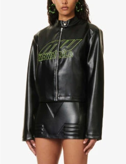 Brand-embroidered Zipped Faux-leather Jacket 9 Brand-embroidered Zipped Faux-leather Jacket -Whistlkes Style R04158078 BLACK ALT02