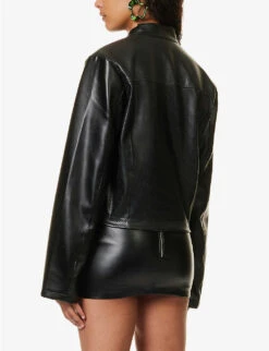 Brand-embroidered Zipped Faux-leather Jacket 10 Brand-embroidered Zipped Faux-leather Jacket -Whistlkes Style R04158078 BLACK ALT03