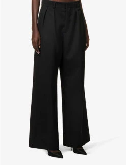 Structured-waist Pleated Wide-leg Low-rise Wool Trousers -Whistlkes Style R04158191 BLACK ALT02