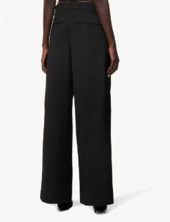 Structured-waist Pleated Wide-leg Low-rise Wool Trousers -Whistlkes Style R04158191 BLACK ALT03
