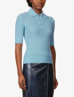 Bottega Veneta Collar Short-sleeve Wool Top -Whistlkes Style R04159963 DUSK ALT02