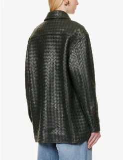 Bottega Veneta Intrecciato Dipped-hem Leather Shirt -Whistlkes Style R04159965 DARKGREEN ALT03