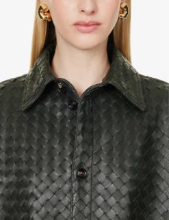 Bottega Veneta Intrecciato Dipped-hem Leather Shirt -Whistlkes Style R04159965 DARKGREEN ALT04