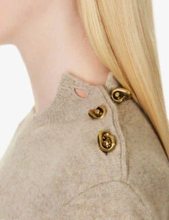 Bottega Veneta Knot-button Round-neck Cashmere-blend Knitted Jumper -Whistlkes Style R04159973 DESERT ALT04
