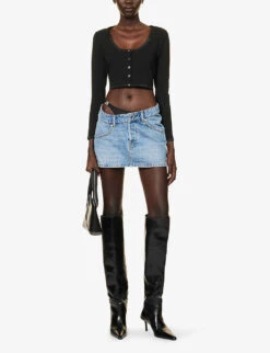 ALEXANDER WANG Crystal-embellished Cropped Stretch-woven Knitted Cardigan -Whistlkes Style R04160684 BLACK ALT01