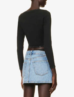 ALEXANDER WANG Crystal-embellished Cropped Stretch-woven Knitted Cardigan -Whistlkes Style R04160684 BLACK ALT03