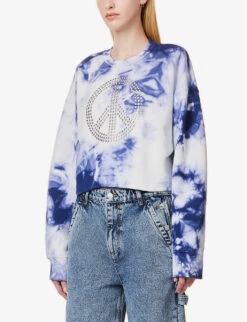 MOSCHINO Rhinestone-embellished Tie-dye Cotton Sweatshirt -Whistlkes Style R04162984 FANTASYPRINTBLUE ALT02