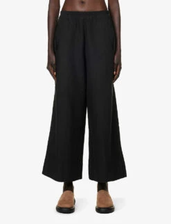 Relaxed-fit Wide-leg Cotton-linen Blend Trousers -Whistlkes Style R04164415 BLACK ALT02